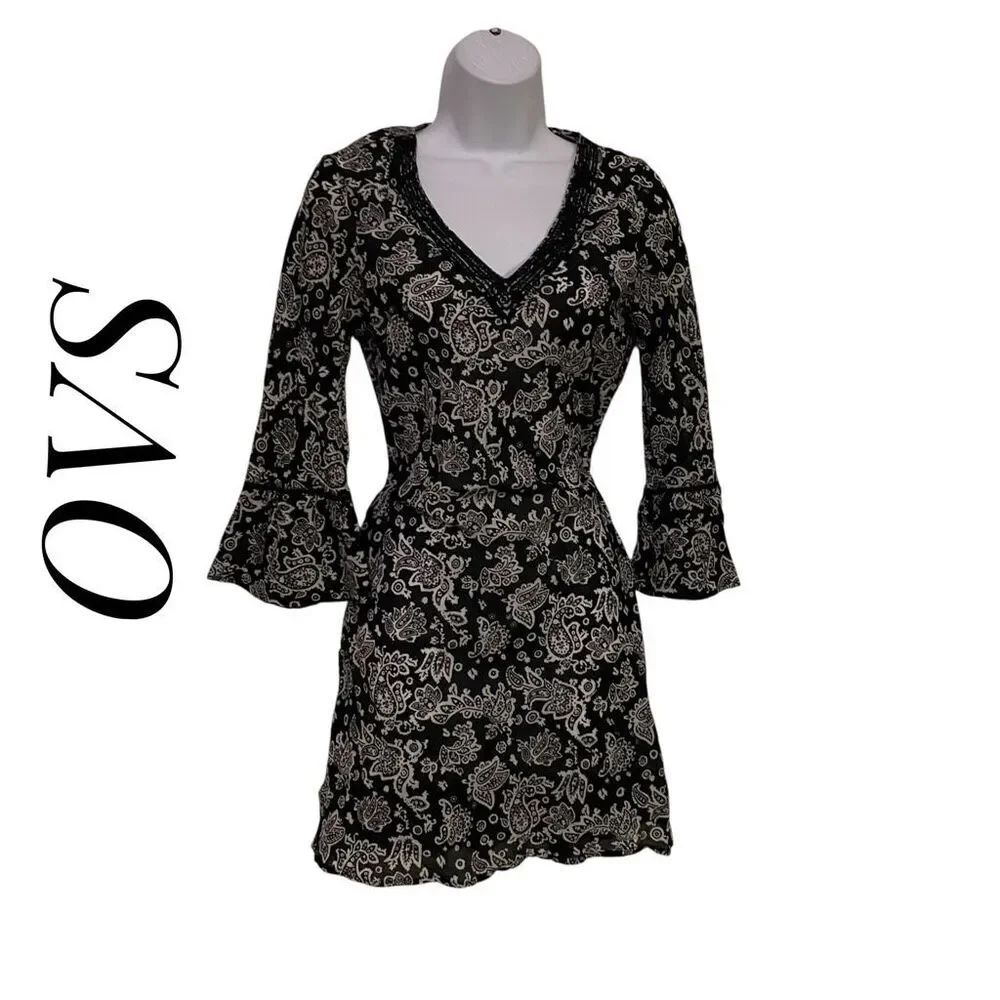 OVS Small Italian Cotton Tunic Bikini Coverup Dress Black White Floral Paisely P